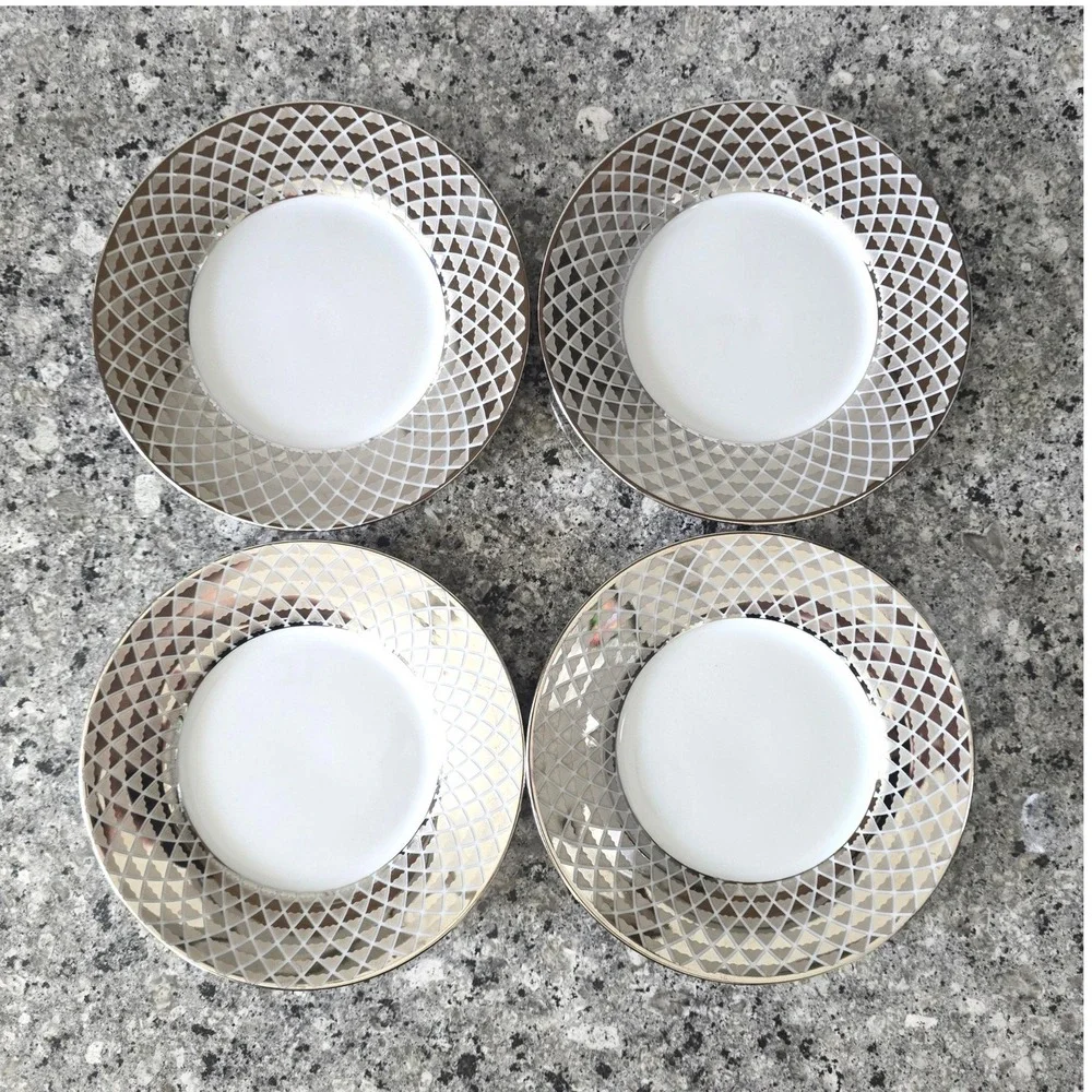 Ciroa Luxe Porcelain Dessert Plates Set of 4 Silver Metallic Geometric 6in
